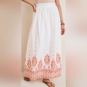 Francesca’s Amelia Border Print Maxi Skirt White Coral Floral Cotton Lined Boho
